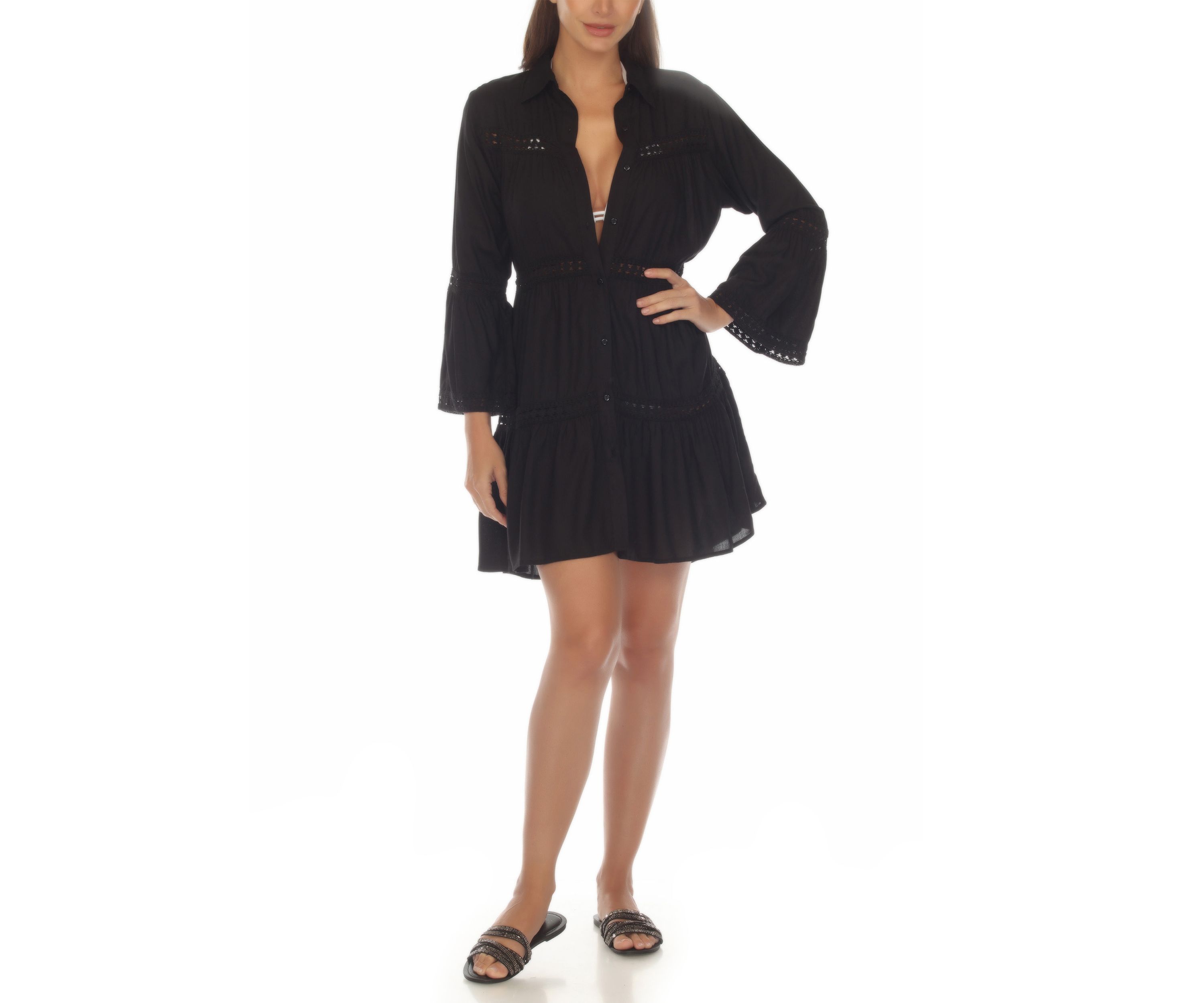 Tiered Crochet Big Shirt Dress Swim Cover Up