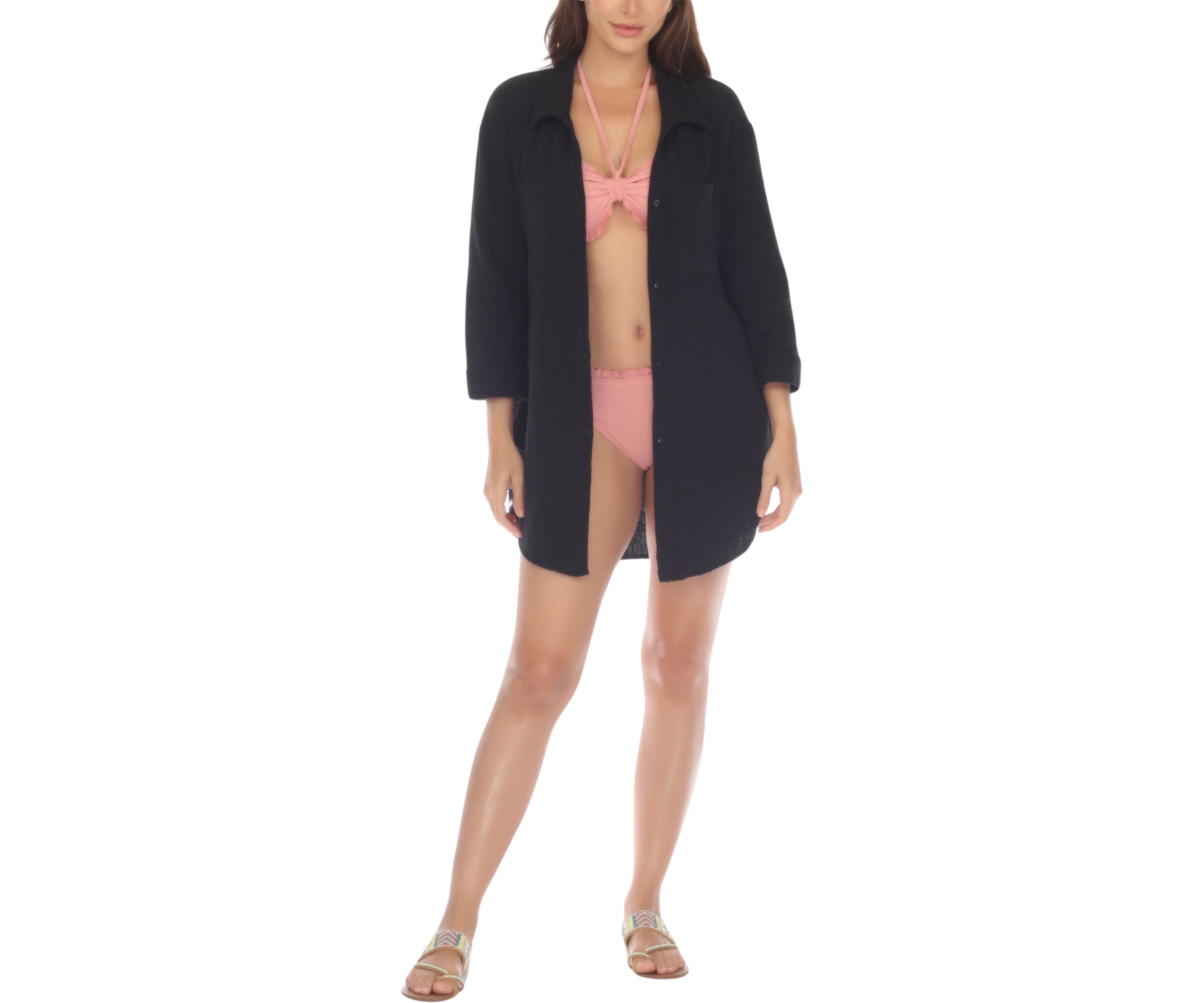 Long Sleeve Crepe Button Down Big Shirt Swim Cover Up