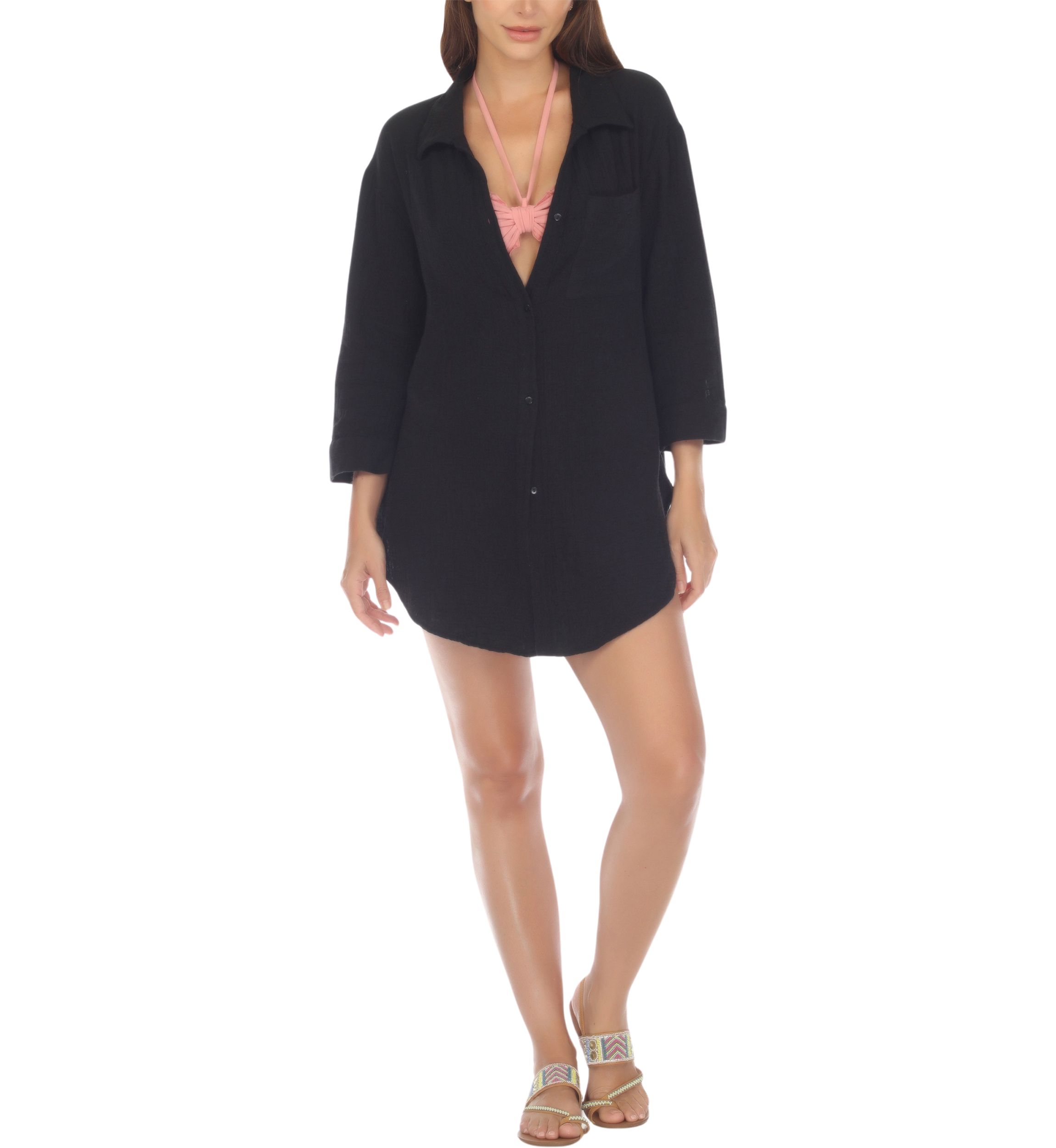 Long Sleeve Crepe Button Down Big Shirt Swim Cover Up