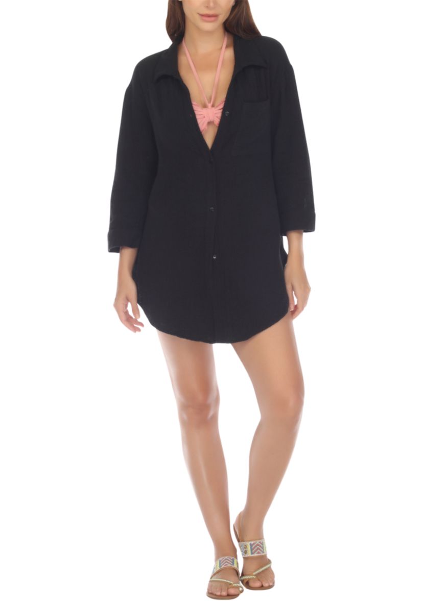 Long Sleeve Crepe Button Down Big Shirt Swim Cover Up