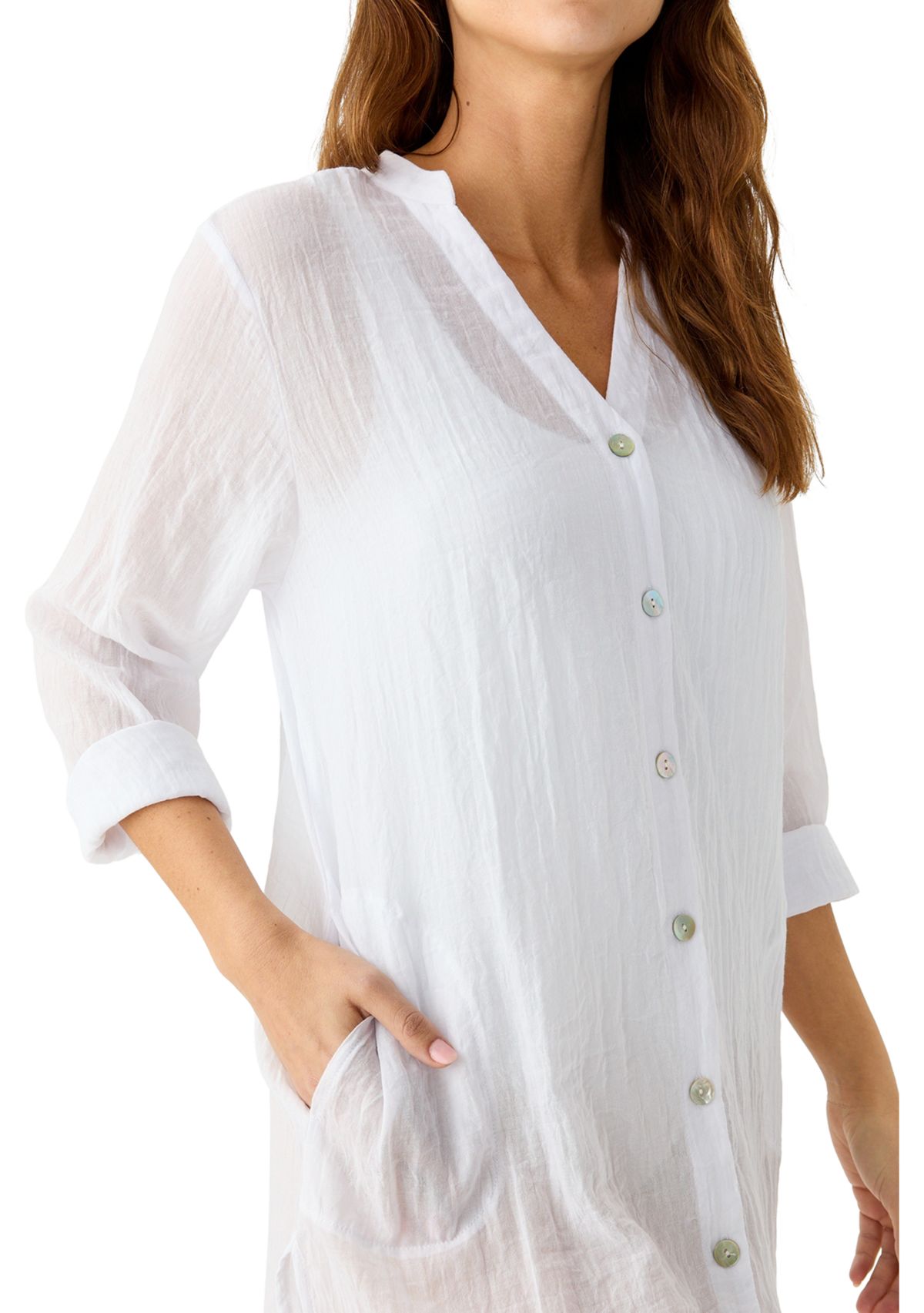 Solid Button Front Swim Shirt Coverup