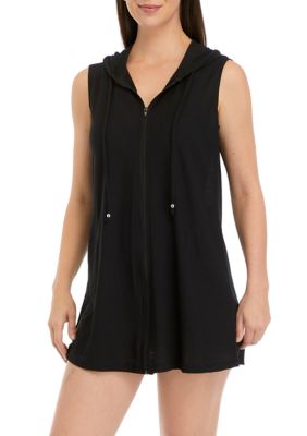 Women's Solid Full Zip Hoodie Swim Cover-Up Dress