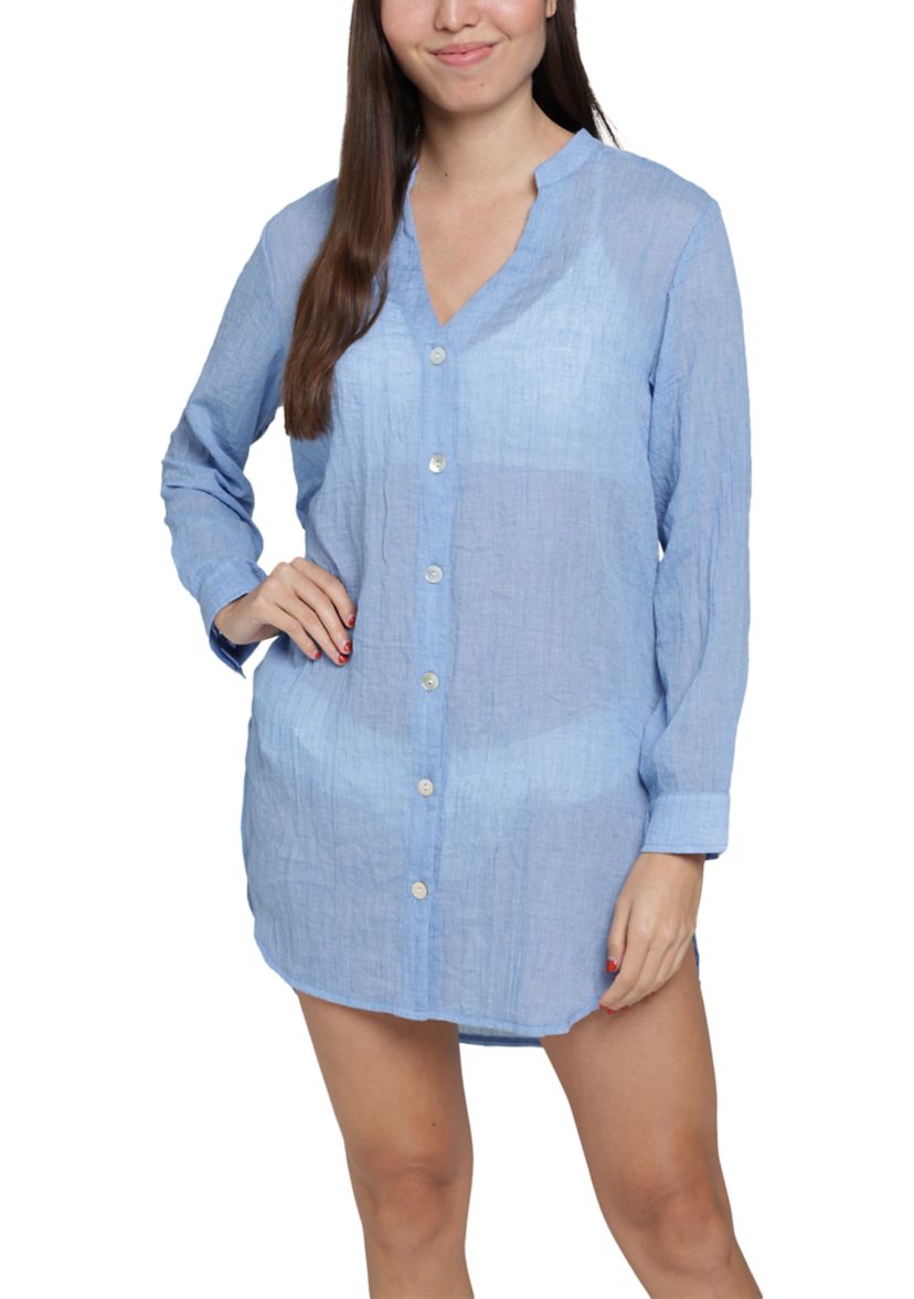 Solid Button Up Big Shirt Swim Coverup 