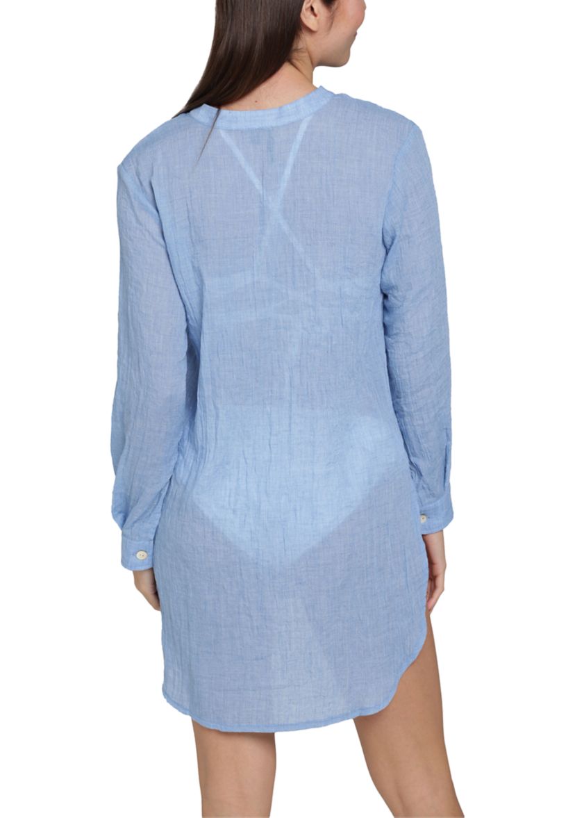 Solid Button Up Big Shirt Swim Coverup 
