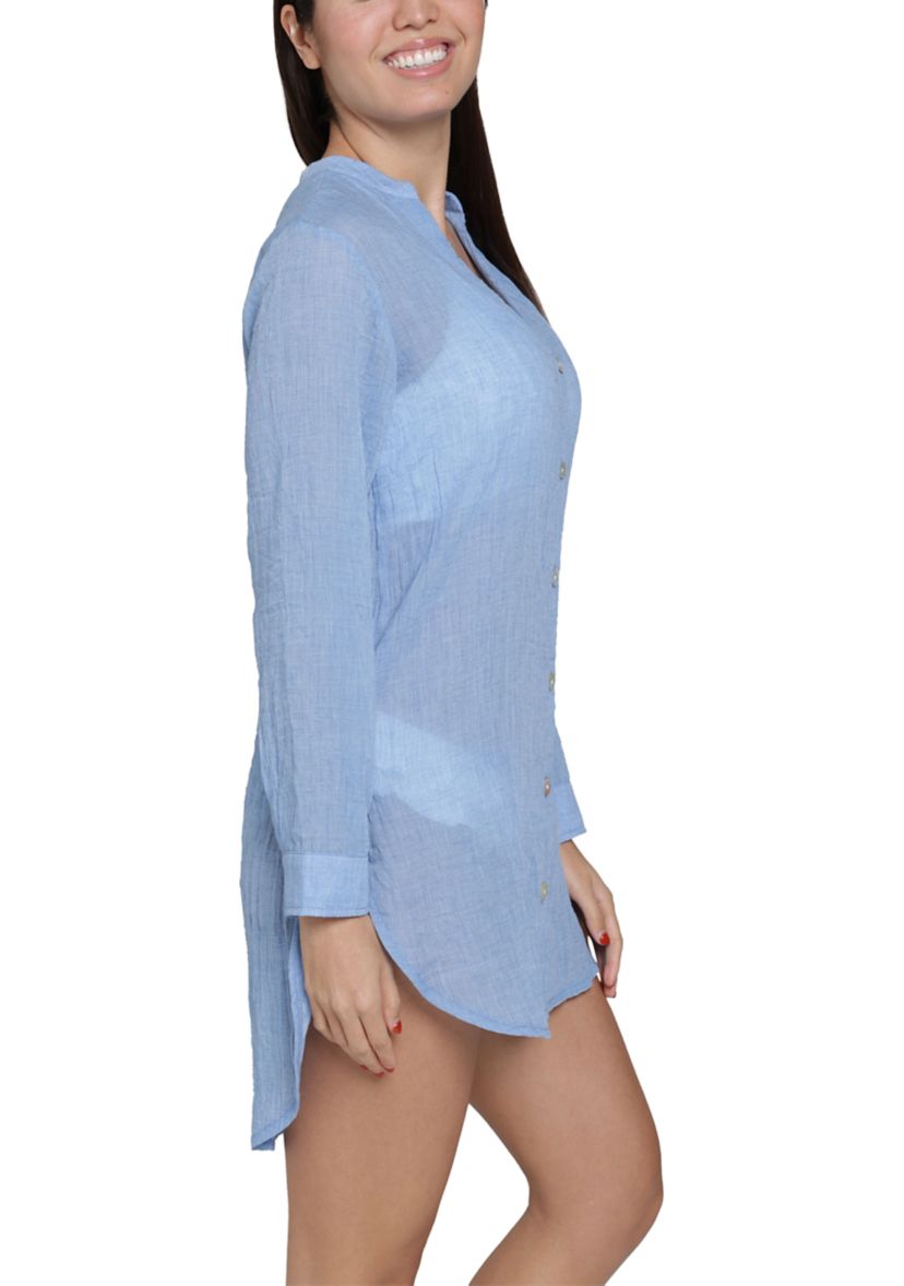 Solid Button Up Big Shirt Swim Coverup 