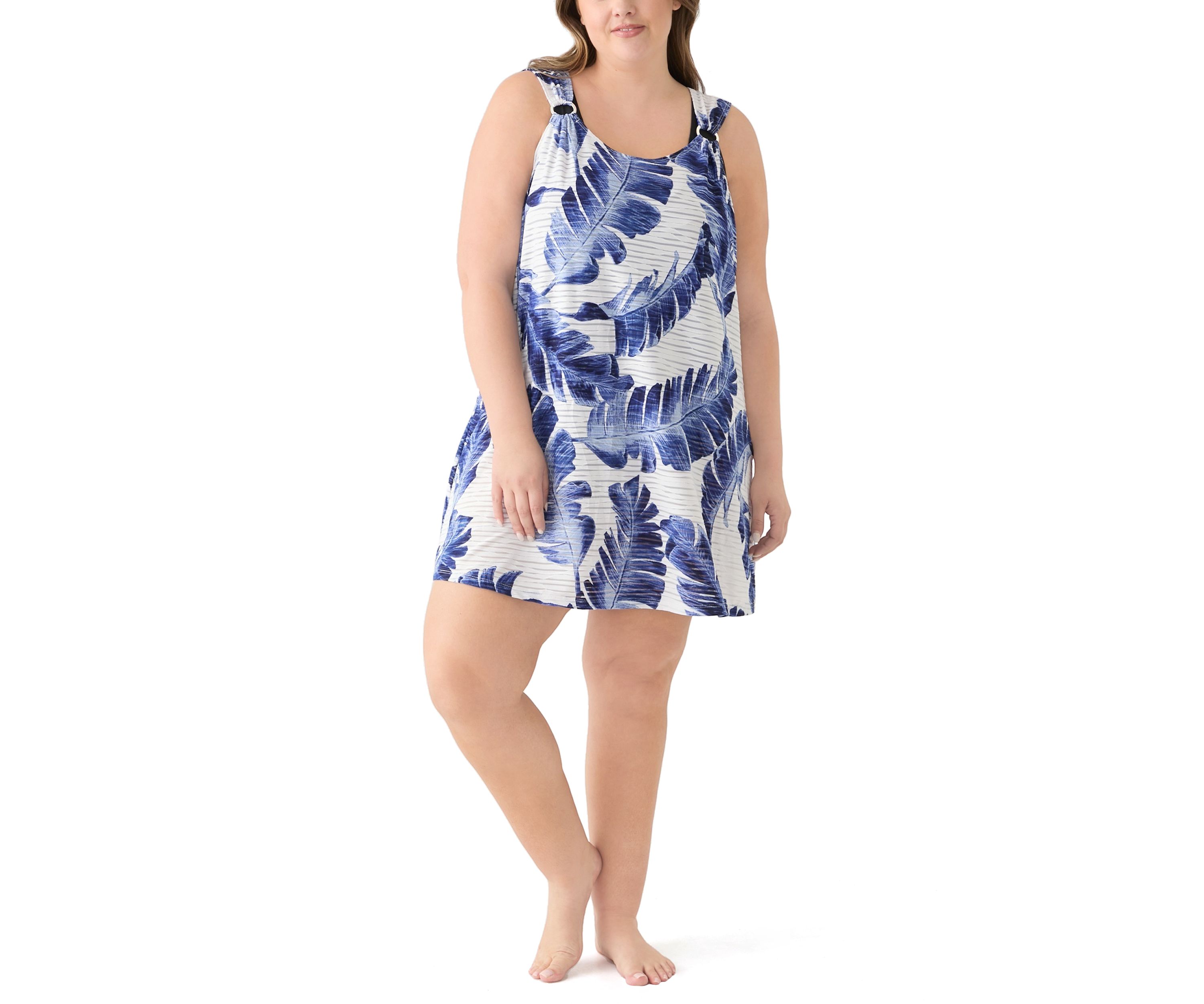Plus Size Sleeveless Leaf Printed Ring Tank Dress