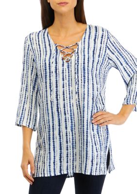 3/4 Sleeve Dyed Lace Up Tunic Swim Cover
