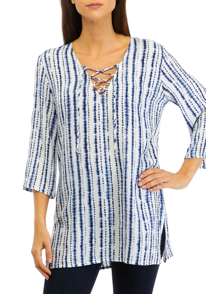 3/4 Sleeve Dyed Lace Up Tunic Swim Cover Up