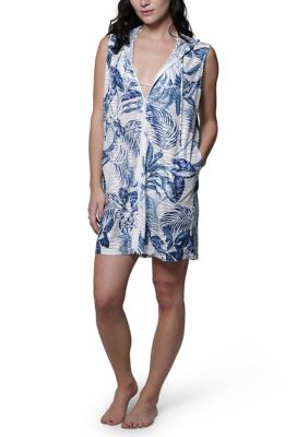 J Valdi Women's Sleeveless Botanica Hooded Swim Coverup, Blue, Large