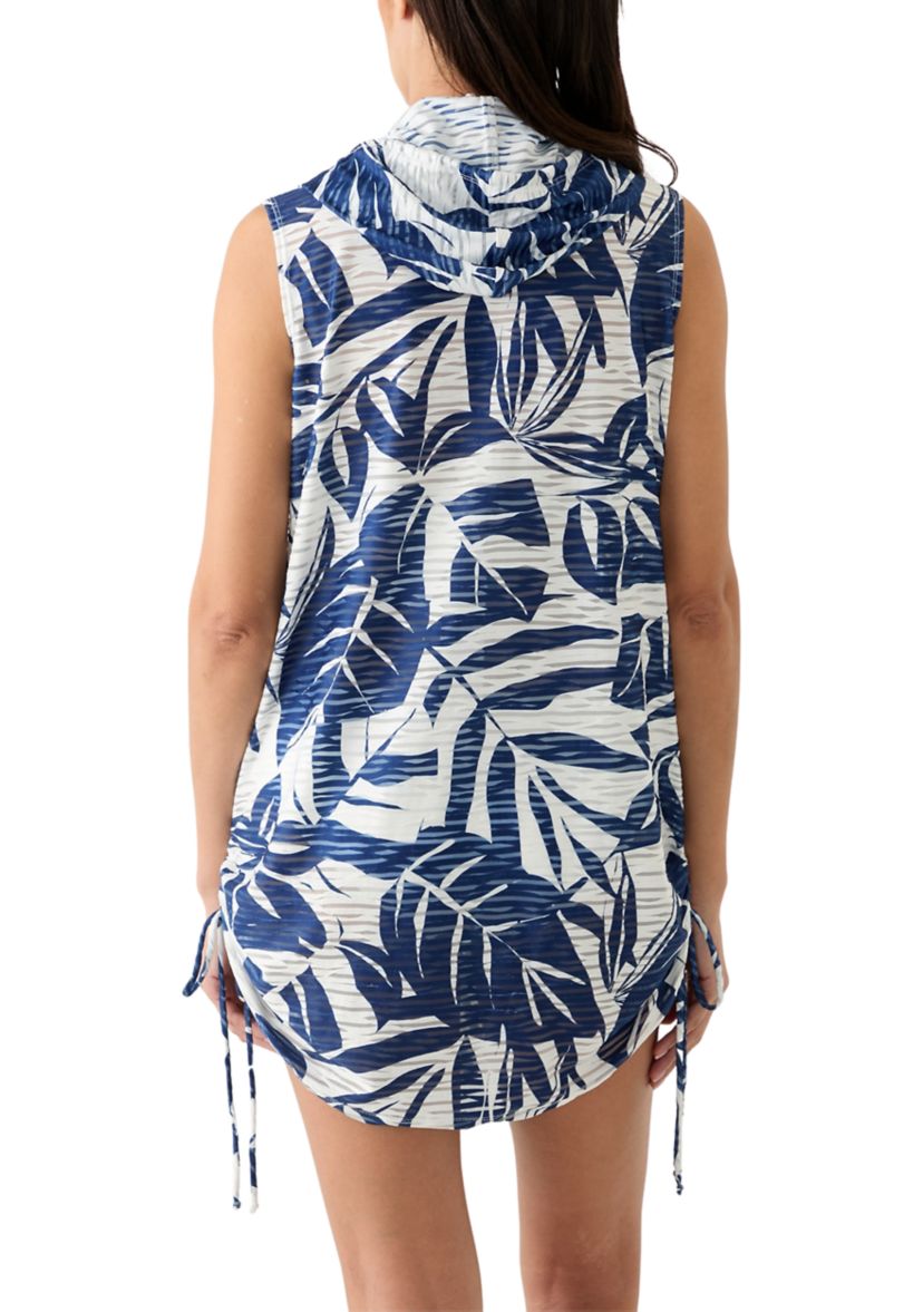 Sleeveless Printed Foliage Full Zip Hooded Swim Cover Up