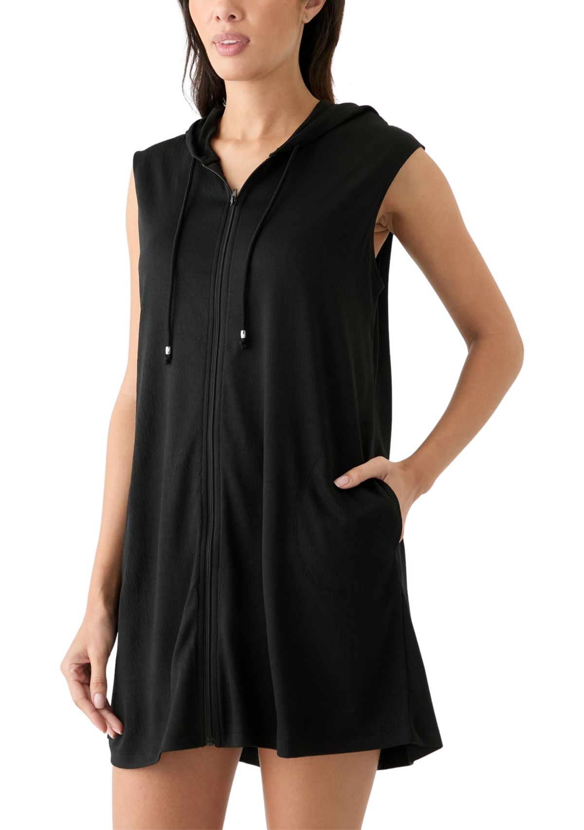 Womens Sleeveless Solid Full Zip Hoodie Swim Cover Up