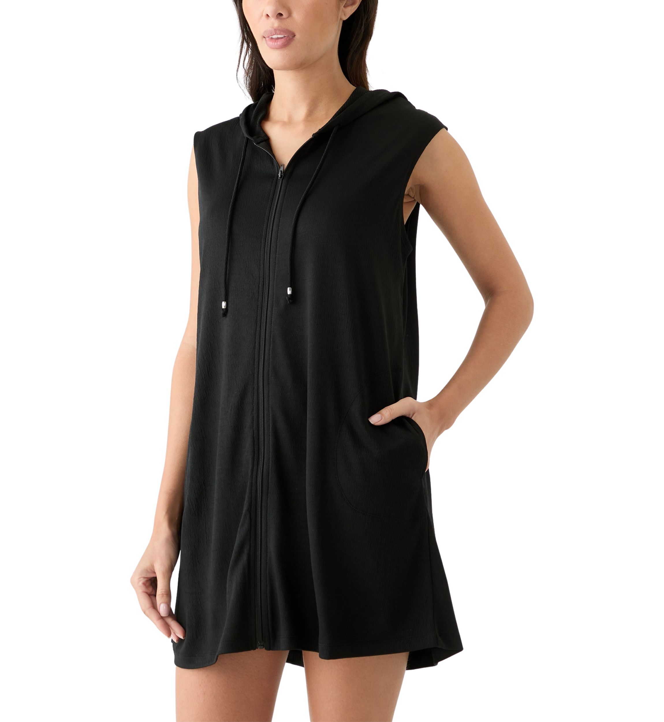 Womens Sleeveless Solid Full Zip Hoodie Swim Cover Up