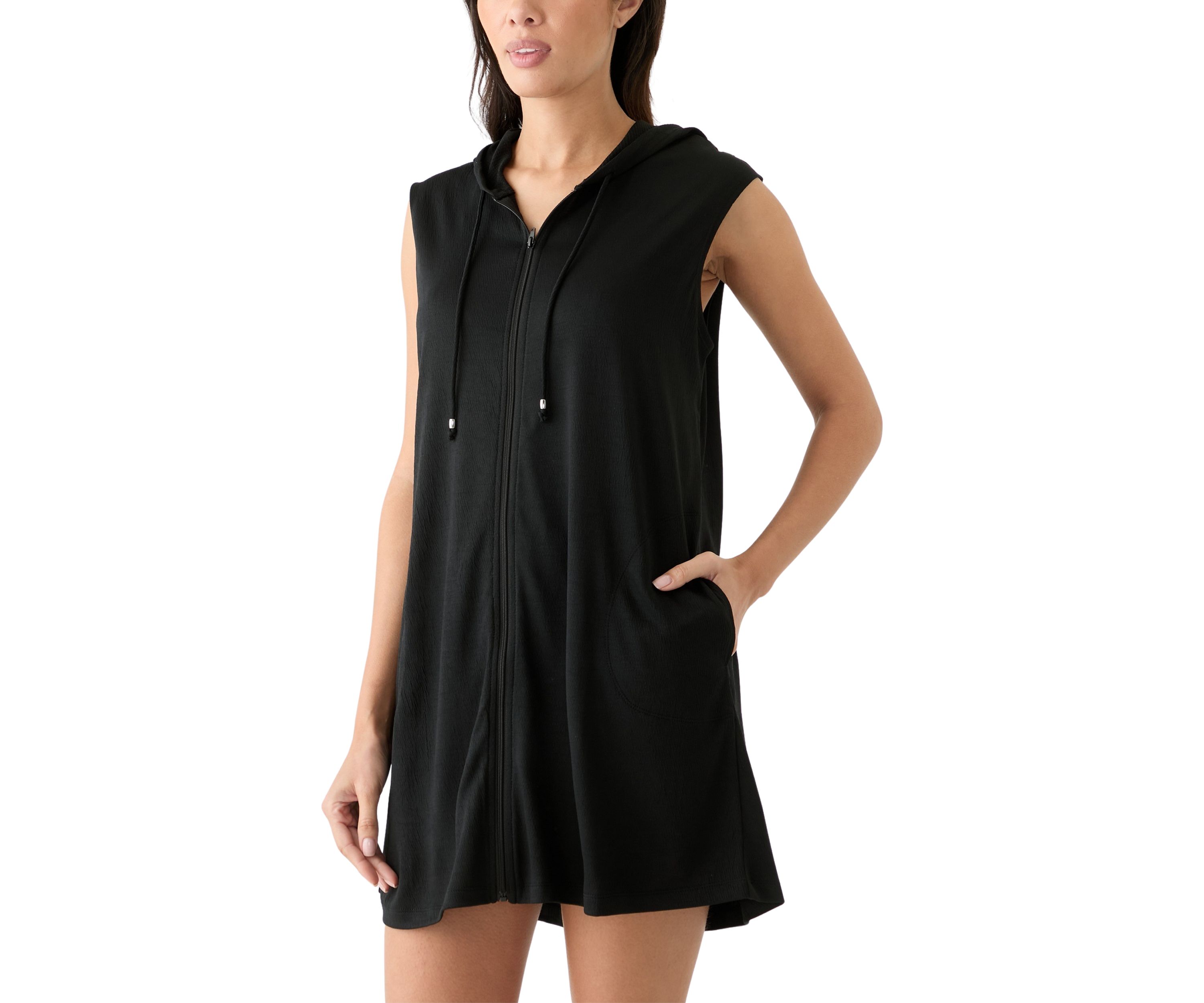 Womens Sleeveless Solid Full Zip Hoodie Swim Cover Up