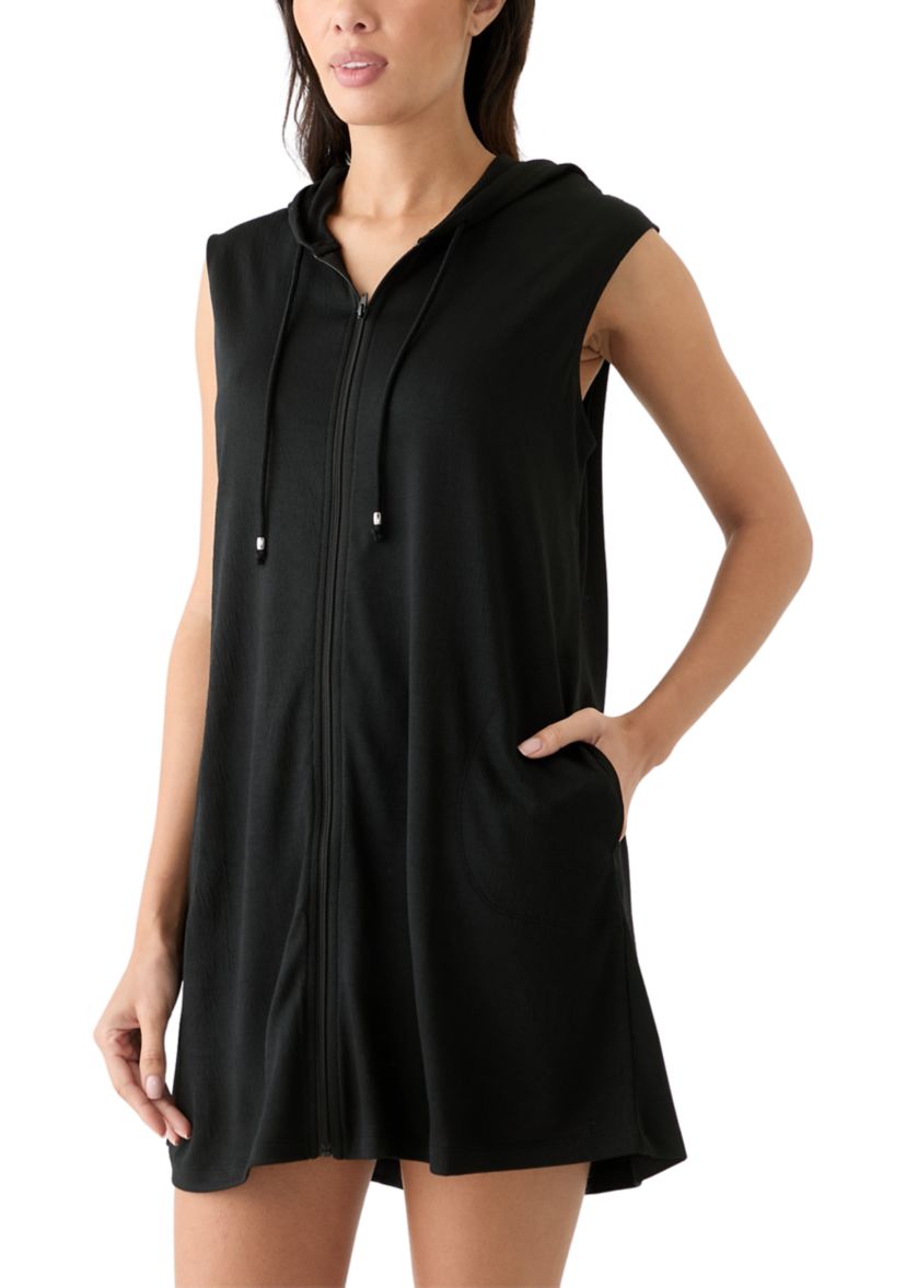Womens Sleeveless Solid Full Zip Hoodie Swim Cover Up