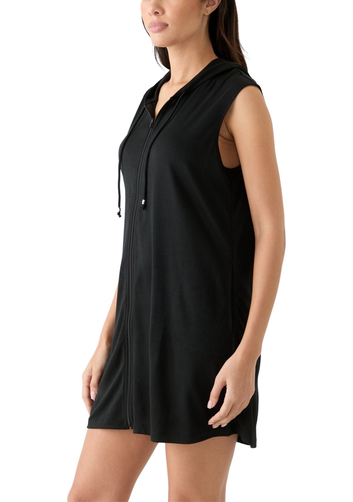 Womens Sleeveless Solid Full Zip Hoodie Swim Cover Up