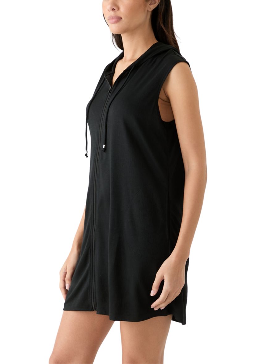 Womens Sleeveless Solid Full Zip Hoodie Swim Cover Up