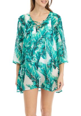 Jungle Leaf Printed Lace Swim Cover Up Dress
