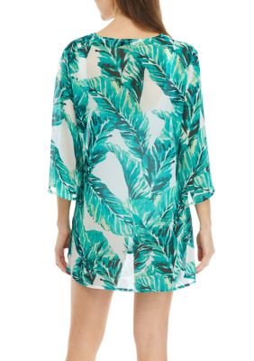 Jungle Leaf Printed Lace Swim Cover Up Dress