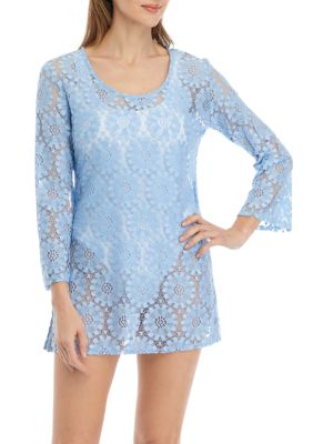 Long Sleeve Floral Cutout Swim Cover-Up Tunic