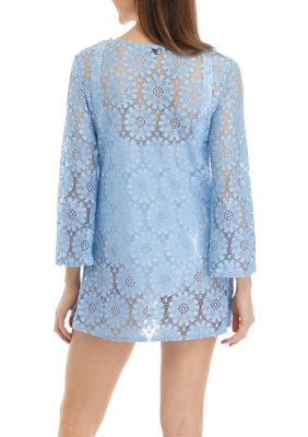 Long Sleeve Floral Cutout Swim Cover-Up Tunic
