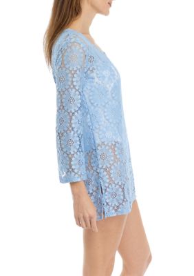 Long Sleeve Floral Cutout Swim Cover-Up Tunic
