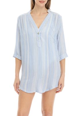 Long Sleeve Big Striped Pullover Swim Cover-Up