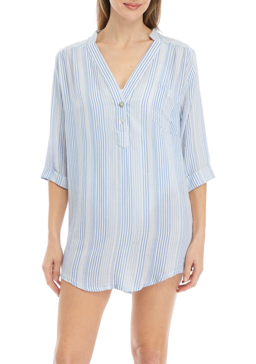 Long Sleeve Big Striped Pullover Swim Cover-Up 