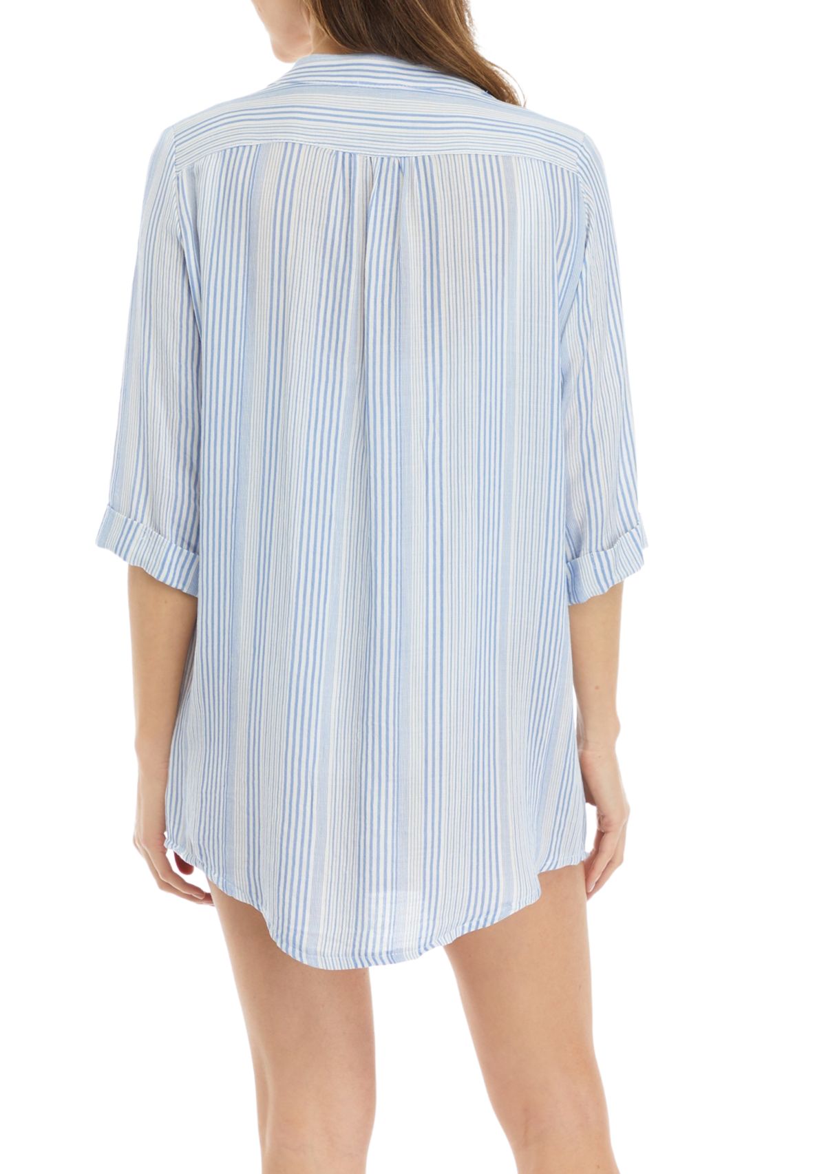Long Sleeve Big Striped Pullover Swim Cover-Up 