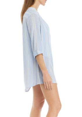 Long Sleeve Big Striped Pullover Swim Cover-Up