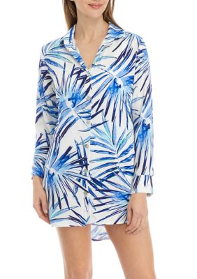 Palm Printed Button Front Swim Cover Up