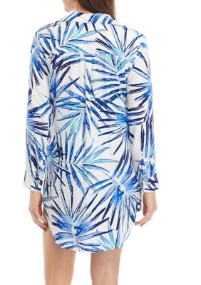 Palm Printed Button Front Swim Cover Up