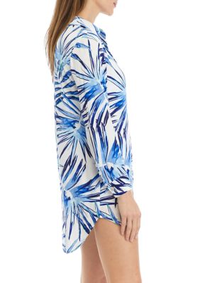 Palm Printed Button Front Swim Cover Up