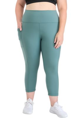 Yogalicious Women's Plus Size High Rise Interlock Tribeca Cropped Leggings with Side Pocket, Green, 3X