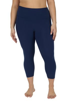 Yogalicious Women's Plus Size High Rise Interlock Tribeca Cropped Leggings with Side Pocket, Blue, 3X
