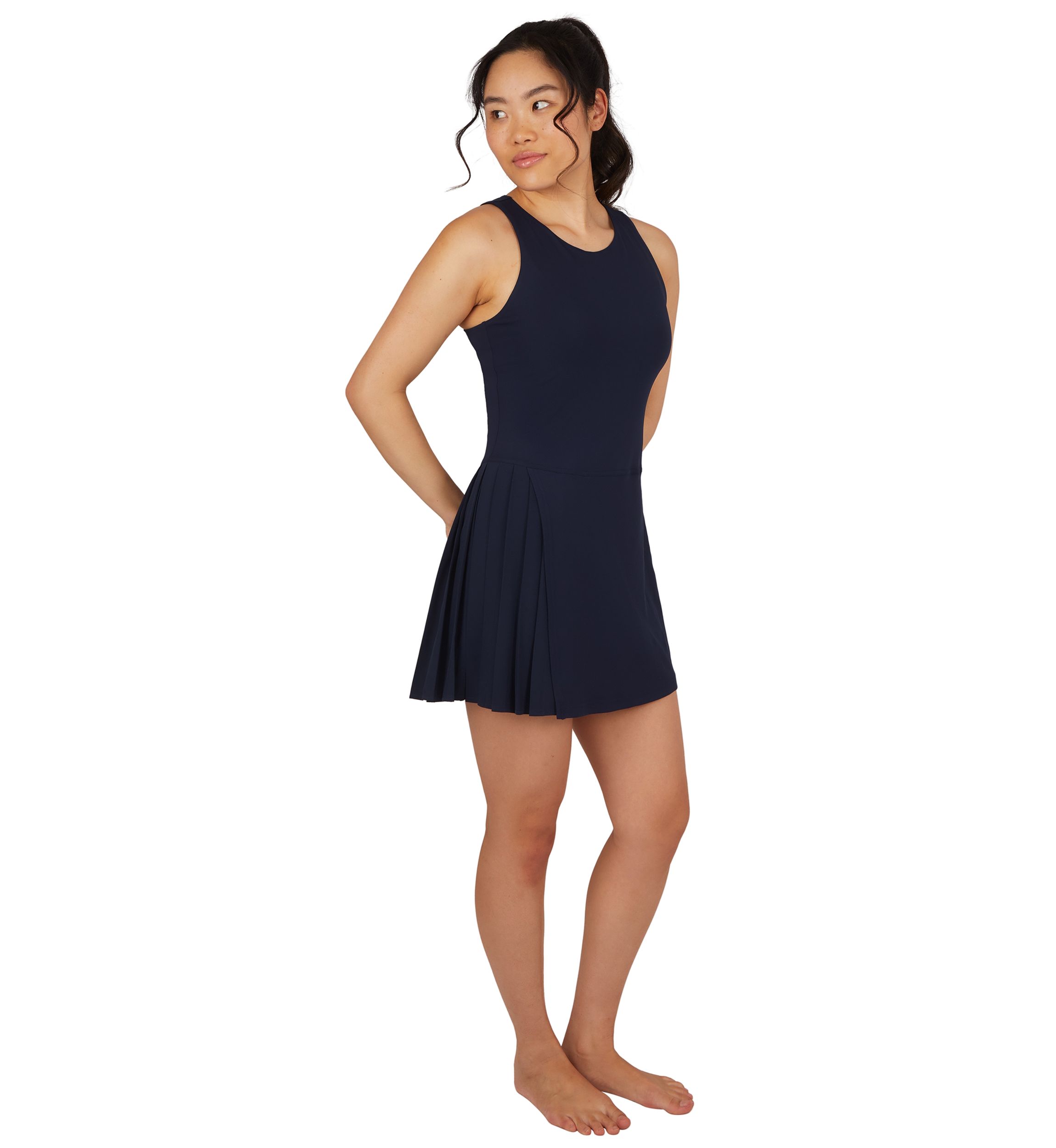Womens Sleeveless Nude Tech Renaissance Side Pleat Dress