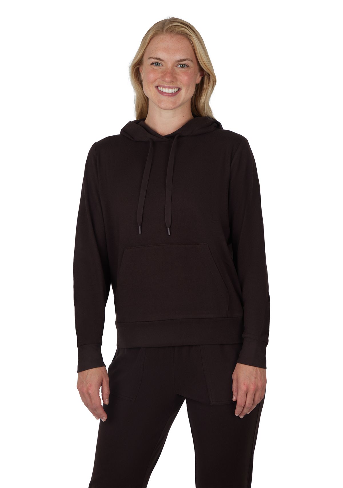 Womens Long Sleeve Fleece Rib Pullover Hoodie