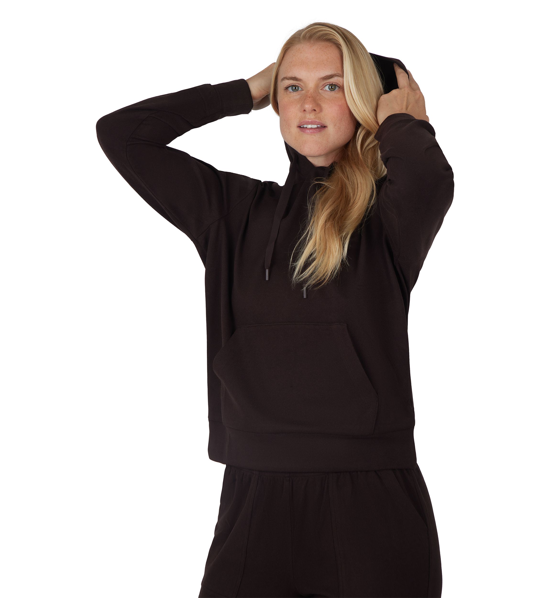 Womens Long Sleeve Fleece Rib Pullover Hoodie