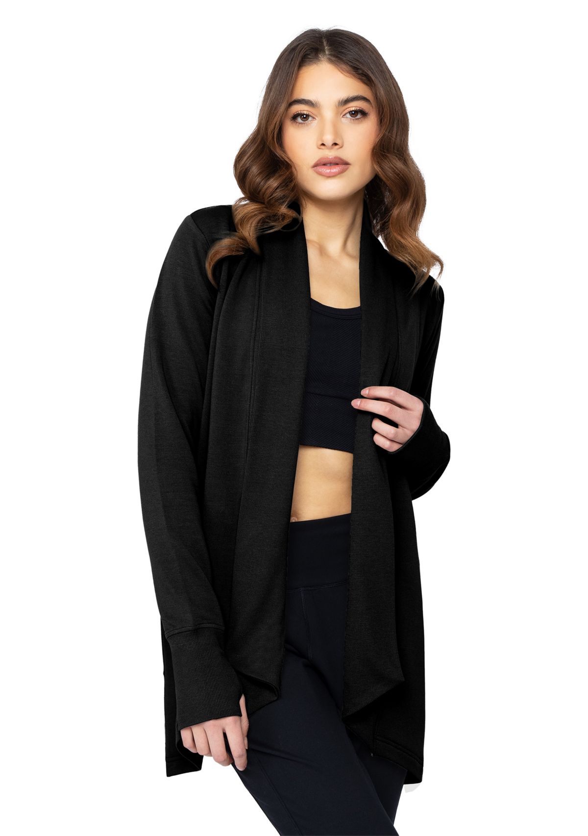 Womens Long Sleeve Brushed Terry Ribbed Cardigan
