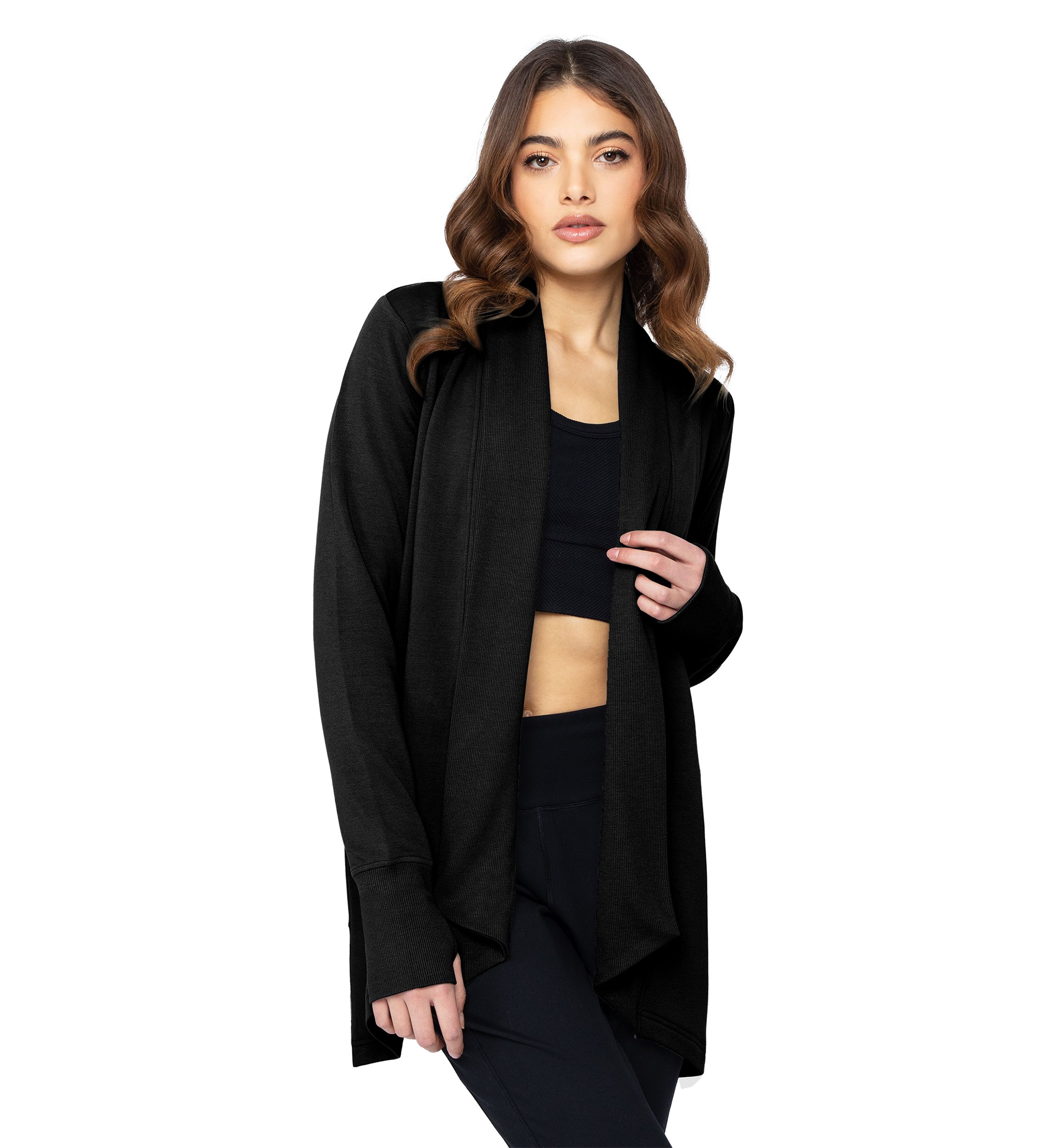 Womens Long Sleeve Brushed Terry Ribbed Cardigan