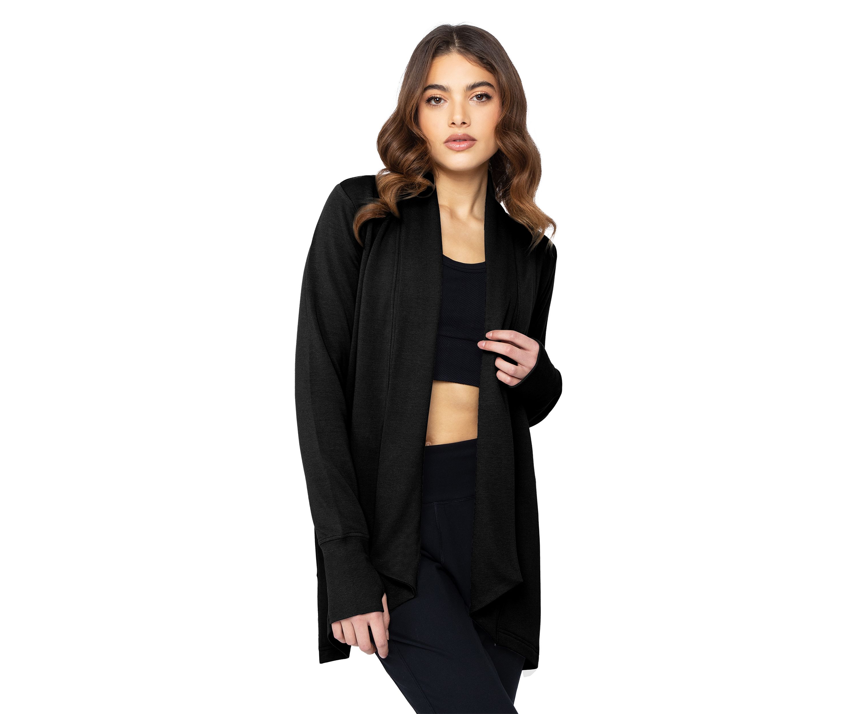 Womens Long Sleeve Brushed Terry Ribbed Cardigan