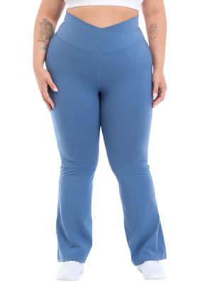 Yogalicious Women's Plus Size Madison Crossover V-Back 7/8 Flared Leg Pants, Blue, 2X