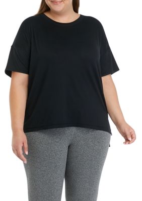Yogalicious Women's Plus Size Drop Shoulder Cropped T-Shirt, Black, 3X