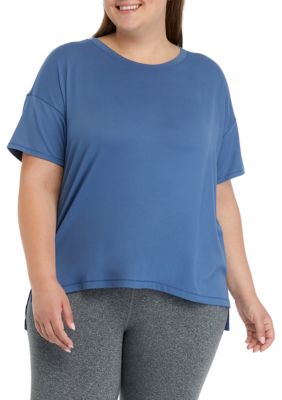 Yogalicious Women's Plus Size Drop Shoulder Cropped T-Shirt, Blue, 3X