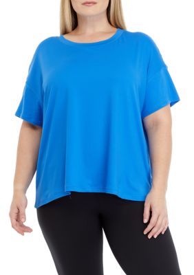 Yogalicious Women's Plus Size Short Sleeve Deluxe Boxy Cropped T-Shirt, Blue, 3X