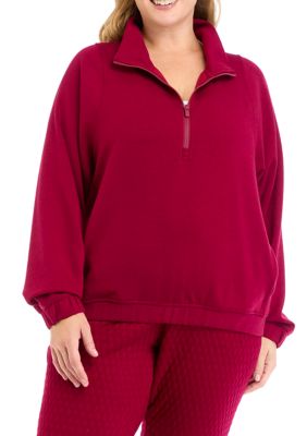 Yogalicious Women's Plus Size Scuba 1/2 Zip Pullover Sweatshirt with Pockets, Red, 3X