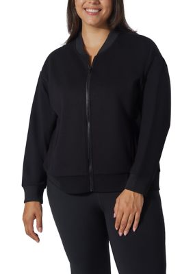Yogalicious Women's Plus Size Scuba Varsity Bomber Jacket, Black, 3X