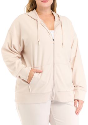 Yogalicious Women's Plus Size Long Sleeve Fleece Rib Zip Up Hoodie, Gray, 3X