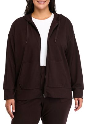 Yogalicious Women's Plus Size Long Sleeve Fleece Rib Zip Up Hoodie