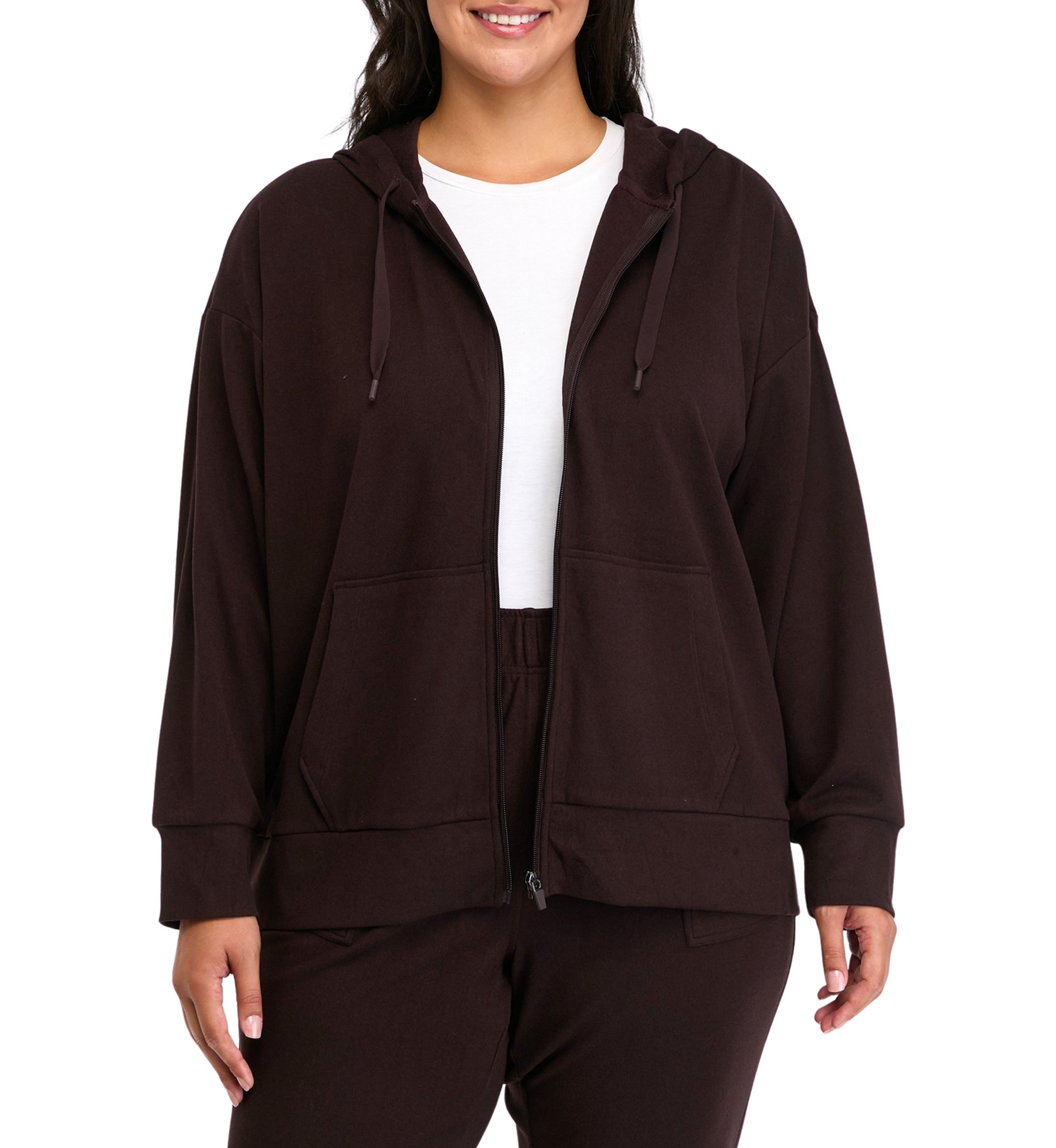 Plus Size Long Sleeve Fleece Rib Zip Up Hoodie