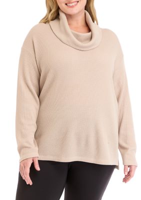 Yogalicious Women's Plus Size Long Sleeve Brushed Waffle Cowl Neck Top, 3X